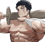  003_ssq 1boy abs bara highres large_pectorals male_focus muscular muscular_male nude obliques original over_shoulder partially_blind pectorals scar scar_across_eye shredded_muscles sideburns solo sword sword_over_shoulder thick_eyebrows upper_body weapon weapon_over_shoulder wiping_sweat wooden_sword 