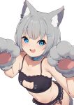  1girl :d absurdres animal_ear_fluff animal_ears animal_hands bare_shoulders black_bra black_panties blue_collar blue_eyes blush bra breasts cat_cutout cat_day cat_ears cat_lingerie cleavage_cutout clothing_cutout collar collarbone commentary_request ear_piercing fang frilled_bra frills gloves grey_gloves grey_hair hair_ornament hairclip hands_up highres hinata_(user_rjkt4745) looking_at_viewer meme_attire navel navel_piercing original panties paw_gloves piercing side-tie_panties simple_background small_breasts smile solo underwear underwear_only white_background 