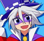  adjusting_clothes adjusting_hat bad_id bad_pixiv_id blue_background blue_eyes cape formal gloves grey_hair hat jack_jones joker_(kaitou_joker) kaitou_joker male_focus mask necktie open_mouth simple_background smile solo suit top_hat white_gloves 