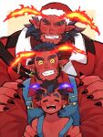  3boys :d ^_^ age_progression astar_(live_a_hero) bara blush child closed_eyes colored_skin demon_boy fiery_horns forked_eyebrows grin hands_on_another&#039;s_shoulders happy highres horns huge_eyebrows kimi6666 large_hands large_pectorals live_a_hero male_focus mature_male multiple_boys muscular muscular_male mutton_chops ogre pectorals pointy_ears red_skin smile square_head streaked_beard tusks upper_body 