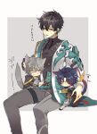  3boys aged_down animal_ears baggy_pants bandaged_hand bandaged_leg bandages black_coat black_footwear black_gloves black_hair black_jacket black_shirt blade_(honkai:_star_rail) blue_eyes blue_hair blush border buttons caelus_(honkai:_star_rail) cat_ears cat_tail child coat commentary_request constellation_print crying crying_with_eyes_open dan_heng_(honkai:_star_rail) dark_blue_hair earrings eyeshadow fingerless_gloves flying_sweatdrops gloves gradient_hair grey_background grey_hair grey_pants hair_between_eyes hair_over_one_eye hand_on_another&#039;s_head hand_up highres honkai:_star_rail honkai_(series) hood hooded_jacket jacket jewelry kemonomimi_mode long_hair long_sleeves looking_at_another looking_down makeup male_focus mm_yk23 multicolored_hair multiple_boys no_mouth open_clothes open_coat open_jacket open_mouth outside_border pants purple_hair raccoon_ears raccoon_tail red_eyes red_eyeshadow red_ribbon ribbon sad shirt shoes short_hair simple_background single_earring sitting standing sweatdrop t-shirt tail tears trailblazer_(honkai:_star_rail) triangle triangle_background white_border white_coat white_pants white_shirt yellow_eyes 