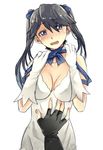  bai_lao_shu blue_ribbon blush breasts cleavage cleavage_cutout cosplay dress dungeon_ni_deai_wo_motomeru_no_wa_machigatteiru_darou_ka gloves hestia_(danmachi) hestia_(danmachi)_(cosplay) highres houshou_(kantai_collection) kantai_collection large_breasts long_hair nagato_(kantai_collection) open_mouth rei_no_himo ribbon twintails white_dress white_gloves 