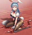  animal_ears blue_eyes blue_hair breasts brown_legwear bunny_ears bunny_girl bunny_tail bunnysuit cleavage cup detached_collar drinking_glass fake_animal_ears fur_trim gloves granblue_fantasy hair_between_eyes hairband high_heels large_breasts leotard long_hair looking_at_viewer pantyhose parted_lips sitting solo tail therese_(granblue_fantasy) tray uro_(uro_zi) wet wet_clothes white_gloves wine_glass yokozuwari 