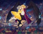  1girl bad_id bad_pixiv_id blonde_hair blue_eyes dangmill feathers fireworks hat hat_removed headwear_removed highres holding_hands howl_(howl_no_ugoku_shiro) howl_no_ugoku_shiro night night_sky silver_hair sky sophie_(howl_no_ugoku_shiro) studio_ghibli wings 