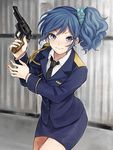  &gt;:) aikatsu! aikatsu!_(series) blue_eyes blue_hair finger_on_trigger gun handgun holding holding_gun holding_weapon kiriya_aoi kurodeko necktie pistol police police_uniform policewoman side_ponytail skirt smile solo uniform v-shaped_eyebrows weapon 