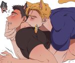  2boys animal_ears ao_isami bara biting black_hair black_shirt blonde_hair blue_shirt blush cat_boy cat_ears cat_tail clenched_teeth kobabayashi0704 lewis_smith male_focus multiple_boys muscular muscular_male neck_biting shirt short_hair simple_background tail teeth translation_request white_background yaoi yuuki_bakuhatsu_bang_bravern 