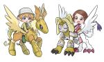  2boys 2girls animal_hands armor black_sclera blonde_hair blue_eyes blush brown_eyes brown_hair cat chibi colored_sclera digimon digimon_adventure_02 gloves hat highres multiple_boys multiple_girls nefertimon paw_gloves pegasmon pegasus pegasus_wings simple_background takaishi_takeru watermark white_background wings yagami_hikari yagi_kiki 