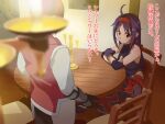  1boy 1girl ahoge bare_shoulders blurry blurry_foreground breasts candle chair closed_mouth crossed_arms fingerless_gloves gloves hairband indoors looking_at_viewer medium_breasts purple_gloves purple_hair red_eyes red_hairband sitting smile sword_art_online table translation_request vogel_schwein yuuki_(sao) 