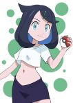  1girl absurdres aqua_eyes black_hair closed_mouth colored_inner_hair commentary_request cowlick cropped_shirt eyelashes hainchu hair_ornament hairclip hand_up highres holding holding_poke_ball liko_(pokemon) looking_to_the_side multicolored_hair navel poke_ball poke_ball_(basic) pokemon pokemon_(anime) pokemon_horizons shirt short_sleeves skirt smile solo white_background white_shirt 