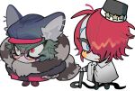  2boys animal_ears animal_hat black_footwear black_headwear cabbie_hat cape chibi closed_mouth commentary_request fake_animal_ears full_body fur_collar glasses green_hair hair_between_eyes hair_over_one_eye hat highres holding holding_whip long_sleeves looking_at_viewer male_focus master_detective_archives:_rain_code multiple_boys na_6 open_mouth red-framed_eyewear red_eyes red_hair round_eyewear shoes short_hair simple_background smile standing white_background white_cape yomi_hellsmile zilch_alexander 