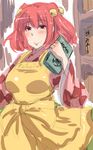  apron bell blush book breasts character_name colored_eyelashes hair_bell hair_bobbles hair_ornament highres holding holding_book kamiya_(amamiko) large_breasts long_sleeves looking_at_viewer mole motoori_kosuzu name_tag older pink_hair red_eyes short_hair sketch smile solo touhou two_side_up wide_sleeves 