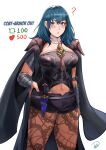  1girl ? absurdres belt black_shorts blue_eyes blue_hair blush breasts byleth_(female)_(fire_emblem) byleth_(fire_emblem) clothing_cutout commentary cowboy_shot dagger deliciousbrain fire_emblem fire_emblem:_three_houses heart highres knife large_breasts looking_at_viewer navel navel_cutout pantyhose parted_lips sheath sheathed short_shorts shorts solo standing thighs vambraces weapon 