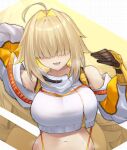  1girl :3 ahoge blonde_hair breasts clothing_cutout cropped_jacket elegg_(nikke) gloves goddess_of_victory:_nikke hair_intakes highres jacket large_breasts long_hair long_sleeves navel open_mouth shoulder_cutout smile solo sweat teeth tongue ulularts upper_body white_jacket 