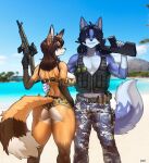 absurd_res anthro back_muscles beach belt big_breasts bottomwear bra breasts butt buxom canid canine carrying_over_shoulder clothing cloud duo explosives female fox gloves grenade gun hand_on_torso handwear hi_res holding_gun holding_object holding_weapon looking_at_another looking_at_partner looking_at_viewer male male/female mammal military_pants military_vest muscular muscular_anthro muscular_female muscular_male muscular_thighs outside palm_tree pgm300 plant presenting ranged_weapon rear_view sand shorts signature sky smile smiling_at_another smiling_at_partner smiling_at_viewer teasing tiffany_fox(foxenprints) tight_bottomwear tight_clothing tight_shorts topwear tree underwear vest water weapon zaki_vastall_(zakiv)