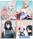  6+girls absurdres arknights azur_lane black_hair blue_archive blue_eyes blue_hair breasts china_dress chinese_clothes cleavage cleavage_cutout clothing_cutout commentary crossover dragon_horns dress dusk_(arknights) english_commentary fate/grand_order fate_(series) glasses gloves green_dress green_hair hair_over_one_eye hamakaze_(kancolle) highres horns kantai_collection karin_(blue_archive) lap_pillow large_breasts long_hair mash_kyrielight multicolored_hair multiple_girls myown narmaya_(granblue_fantasy) open_mouth pink_hair pointy_ears purple_hair red_eyes streaked_hair tb_(azur_lane) trait_connection two-tone_hair white_dress white_gloves white_hair 