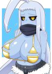  1girl ahoge berun_(zakeruga1zakeru) bikini black_scarf black_sclera blue_skin breasts colored_sclera colored_skin denim denim_shorts dullahan florida_bikini fur-trimmed_shorts fur_trim gigantic_breasts grey_hair grey_shorts highres huge_ahoge lala_(monster_musume) long_hair looking_at_viewer meme_attire monster_girl monster_musume_no_iru_nichijou navel scarf shiny_skin short_shorts shorts shy swimsuit yellow_bikini yellow_eyes 