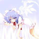  alternate_wings blue_eyes blue_hair dress hair_ribbon half-closed_eyes lying mai_(touhou) naughty_face on_bed on_stomach ponytail puffy_short_sleeves puffy_sleeves ribbon short_hair short_sleeves smile solo touhou touhou_(pc-98) tsunogiri wings 