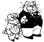 2024 anthro bottomwear clothing domestic_cat duo felid feline felis goro_(mappy) hat headgear headwear killer_outlet male mammal mappy mappy_(character) mouse murid murine necktie overweight overweight_male pants police_hat rodent shirt simple_background topwear white_background