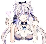 1girl :3 bare_shoulders black_bow black_choker blue_eyes blush bow breasts choker cleavage commentary_request criss-cross_halter hair_bow halterneck hands_up heart honkai_(series) honkai_impact_3rd kemonomimi_mode kiana_kaslana large_breasts long_hair looking_at_viewer revision smile solo upper_body very_long_hair white_hair yuu_(yu_12317) 