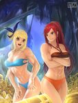  abs bandeau big_eyes bikini blonde_hair blue_hair breasts brown_eyes cleavage coin cowboy_shot crossed_arms earrings erza_scarlet fairy_tail fingernails gold highres jewelry large_breasts long_hair lucy_heartfilia multiple_girls muscle muscular_female one_side_up open_mouth paiple-r ponytail red_hair strapless swimsuit treasure underboob 