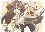  :d bad_id bad_twitter_id blue_eyes blush border brown_hair double_bun hairband headgear japanese_clothes kantai_collection kongou_(kantai_collection) long_hair nontraditional_miko open_mouth orange_background outside_border outstretched_arm rope senhappyaku simple_background skirt smile solo uneven_eyes 