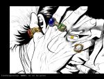  1boy black_hair blue_gemstone cigar close-up crocodile_(one_piece) devil_fruit_power diamond_(gemstone) gem geokinesis green_gemstone hair_slicked_back hand_focus jewelry looking_at_viewer male_focus mature_male medium_hair multiple_rings one_piece partially_colored peeking_through_fingers red_gemstone ring scar scar_on_face scar_on_nose smoking solo stitches sukehige yellow_eyes 