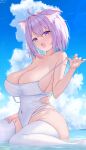  1girl absurdres ahoge animal_ear_fluff animal_ears blue_hair blush breasts bue_sky cat_ears cat_girl cleavage cloud colored_inner_hair covered_navel fang highres hololive large_breasts looking_at_viewer medium_hair multicolored_hair one-piece_swimsuit open_mouth purple_hair red_o7 skin_fang smile swimsuit thighhighs virtual_youtuber water white_one-piece_swimsuit white_thighhighs 