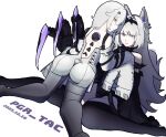  2girls animal_ears ass black_bodysuit black_hairband black_sleeves black_thighhighs blunt_bangs bodysuit claw_(weapon) claws cross-shaped_pupils dated detached_sleeves dress dual_persona grey_dress grey_hair grey_thighhighs hair_between_eyes hair_intakes hair_ornament hairband hairclip mechanical_ears mechanical_parts mismatched_pupils multiple_girls n4gi5nagi no.21:_feral_scent_(punishing:_gray_raven) no.21:_xxi_(punishing:_gray_raven) no.21_(punishing:_gray_raven) punishing:_gray_raven sidelocks sleeves_past_fingers sleeves_past_wrists subdermal_port suspenders symbol-shaped_pupils thighhighs twitter_username unkempt weapon wolf_ears 