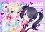  2girls :o ame-chan_(needy_girl_overdose) black_hair black_ribbon blonde_hair blue_bow blue_eyes blue_hair blush bow box chouzetsusaikawa_tenshi-chan commentary_request cursor dual_persona gift gift_box hair_bow hair_ornament hair_over_one_eye hand_up heart heart-shaped_box holding holding_gift long_hair long_sleeves looking_at_viewer multicolored_hair multiple_girls nail_polish neck_ribbon needy_girl_overdose open_mouth pink_background pink_bow pink_hair pixel_heart purple_bow purple_eyes quad_tails red_nails red_shirt ribbon sailor_collar shirt twintails upper_body valentine window_(computing) x_hair_ornament zest_(lossol) 