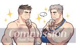  2boys bad_id bad_twitter_id bara beard_stubble between_pectorals bubble_tea_challenge commission crossed_arms cup david_king_(dead_by_daylight) dead_by_daylight disposable_cup drink drinking_straw drinking_straw_in_mouth facial_hair fireworks goatee highres looking_at_another male_focus multiple_boys muscular muscular_male mustache_stubble no_nipples nude object_on_pectorals pectoral_lift pectorals sanpaku short_hair sideburns_stubble smile smug sparkler sparse_arm_hair sparse_chest_hair sparse_stubble stubble thick_eyebrows undercut upper_body vittorio_toscano wasted_m9 watermark 