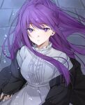  1girl black_coat brick_road coat dress fern_(sousou_no_frieren) floating_hair gumi_070 highres holding holding_wand long_hair looking_at_viewer open_clothes open_coat outdoors purple_eyes purple_hair sousou_no_frieren sparks upper_body wand white_dress 