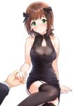  1boy 1girl :o absurdres alternate_costume amami_haruka arm_support b1ack_illust bare_arms bare_shoulders black_dress black_garter_straps black_thighhighs blush brown_hair dress feet_out_of_frame fingernails garter_straps green_eyes hair_ribbon hetero highres holding_hands idolmaster idolmaster_(classic) idolmaster_million_live! looking_at_viewer out_of_frame pov pov_hands producer_(idolmaster) ribbon simple_background sitting sleeveless sleeveless_dress thighhighs white_background 