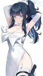  1girl absurdres armpits arms_up blue_archive blue_eyes blue_hair breasts choker cleavage covered_navel cowboy_shot dress elbow_gloves garter_straps gloves highres large_breasts long_hair looking_at_viewer ponytail saori_(blue_archive) saori_(dress)_(blue_archive) solo standing strapless strapless_dress thigh_strap thighhighs wakamepiza white_choker white_dress white_gloves white_thighhighs 