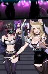  4girls :d ahri_(league_of_legends) akali animal_ears arm_up bare_shoulders black_pants black_skirt blonde_hair bracelet breasts choker cleavage double_bun evelynn_(league_of_legends) facial_mark fox_ears fox_tail hair_bun hair_ornament heart heart_hair_ornament highres indoors jacket jewelry k/da_(league_of_legends) k/da_ahri k/da_akali k/da_evelynn k/da_kai&#039;sa kai&#039;sa large_breasts league_of_legends long_hair looking_at_viewer mask mouth_mask multiple_girls navel off_shoulder open_clothes open_jacket pants pink_eyes pink_hair ponytail purple_hair ratatatat74 red_hair shiny_skin skirt smile stairs stomach tail teeth thighhighs upper_teeth_only whisker_markings yellow_eyes 