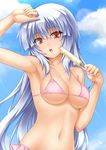  arm_up armpits bikini blush breasts food highres kula_diamond large_breasts long_hair looking_at_viewer micro_bikini_top navel open_mouth pink_bikini popsicle red_eyes roura silver_hair solo swimsuit the_king_of_fighters underboob 