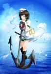  anchor anchor_symbol black_footwear black_hair blue_eyes blue_sky cloud cloudy_sky day hat horizon medium_hair murasa_minamitsu ocean sailor_collar sailor_hat sailor_shirt scenery shee_take shirt shorts sky touhou water water_drop 