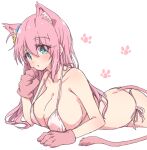  1girl animal_ear_fluff animal_ears animal_hands ass bare_arms bare_legs bare_shoulders bikini blue_eyes bocchi_the_rock! breasts cat_ears cat_paws cat_tail cleavage collarbone cube_hair_ornament extra_ears gloves gotoh_hitori hair_between_eyes hair_ornament highres large_breasts long_hair mel_(melty_pot) one_side_up parted_lips paw_gloves pink_gloves pink_hair simple_background solo swimsuit tail white_background white_bikini 