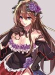  aosaki_yukina black_gloves breasts brown_hair choker cleavage detached_sleeves dress flower gloves granblue_fantasy grey_background hair_between_eyes hair_flower hair_ornament hand_on_hip large_breasts long_hair rosetta_(granblue_fantasy) sidelocks simple_background smile solo thorns 