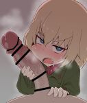  1boy 1girl ame_(amechan17391739) bar_censor blonde_hair blue_eyes blush censored cheek_bulge fang fellatio girls_und_panzer hair_between_eyes highres katyusha_(girls_und_panzer) large_penis military_uniform oral penis penis_on_face pov precum short_hair simple_background steam steaming_body uniform white_background 