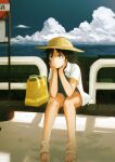  1girl bag bench black_hair blue_eyes blue_one-piece_swimsuit bus_stop closed_mouth cloud commentary_request cumulonimbus_cloud fence hands_on_own_cheeks hands_on_own_face hat head_rest inami_hatoko jacket ocean one-piece_swimsuit open_clothes open_jacket original short_sleeves sitting solo straw_hat sun_hat swimsuit white_jacket 