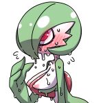 areola blush blush_lines bodily_fluids breasts female gardevoir generation_3_pokemon green_body green_hair hair hanya hi_res humanoid mouthless nintendo nipples pink_areola pink_nipples pokemon pokemon_(species) red_eyes simple_background solo sweat sweatdrop white_background white_body