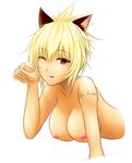  1girl animal_ears areolae blonde_hair breasts female large_breast large_breasts league_of_legends looking_at_viewer nipples nude one_eye_closed red_eyes riven_(league_of_legends) short_hair simple_background solo tongue tongue_out 