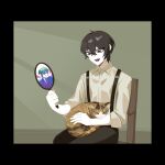  1boy black_eyes black_hair black_pants cat chair collared_shirt hand_mirror hand_up highres holding holding_mirror limbus_company long_sleeves mirror no_710 open_mouth pants project_moon sang_yi_(project_moon) shirt sitting smile suspenders white_shirt yi_sang_(project_moon) 