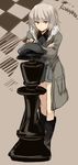  checkered checkered_background chess_piece coat crossed_arms grey_eyes grey_hair hat hat_removed headwear_removed huberta_von_bonin kodamari leaning_forward long_sleeves military military_uniform open_clothes open_coat oversized_object peaked_cap short_hair solo twitter_username uniform world_witches_series 