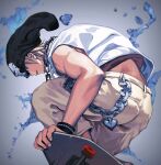  1boy beanie bitou_daisukenojou blonde_hair bracelet brown_pants chain chain_necklace hat highres jewelry looking_at_viewer male_focus necklace ohji130 pants shirt short_hair simple_background skateboard skateboarding smile solo subarashiki_kono_sekai tank_top toned toned_male wallet_chain water white_shirt 