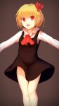  1girl ascot black_dress blonde_hair breasts brown_background collared_shirt commentary dress fangs feet_out_of_frame hair_ribbon highres long_sleeves looking_at_viewer open_mouth outstretched_arms pinafore_dress red_ascot red_eyes red_ribbon ribbon rumia shirt shone short_hair sleeveless sleeveless_dress small_breasts smile solo spread_arms touhou white_shirt 