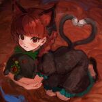  1girl :3 animal_ears b_nosk101 black_dress blush bow braid cat_ears cat_tail closed_mouth dress extra_ears from_above hair_bow heart heart_tail highres kaenbyou_rin kneeling long_hair looking_at_viewer looking_up multiple_tails red_eyes red_hair reiuji_utsuho reiuji_utsuho_(bird) short_sleeves smile solo tail touhou twin_braids twintails two_tails 