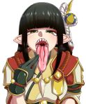 black_hair blush bodily_fluids capcom clothed clothing female front_view gloves green_eyes grey_clothing grey_gloves grey_handwear hair handwear hanya hi_res hinoa_(monster_hunter) humanoid humanoid_pointy_ears long_hair long_tongue looking_at_viewer monster_hunter narrowed_eyes open_mouth saliva saliva_on_tongue sharp_teeth simple_background solo tan_body tan_skin teeth tongue tongue_out topwear uvula white_background white_clothing white_topwear wyverian
