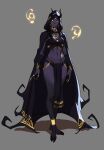  1girl black_cape black_hood breasts cape claws colored_skin commentary demon_horns earrings english_commentary forehead_jewel full_body groin highres hood hooded_cape hooves horns jewelry loincloth navel necklace nose_piercing original piercing purple_skin ring small_breasts solo tarakanovich yellow_eyes 