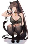  1girl animal_ears black_thighhighs blunt_sidelocks breasts brown_eyes brown_hair cat_ears cat_tail commentary_request fake_animal_ears fake_tail hair_intakes high_ponytail highres kantai_collection kasumi_(skchkko) large_breasts long_hair shadow simple_background solo spaghetti_strap squatting tail thighhighs tongue tongue_out very_long_hair white_background yamato_(kancolle) 